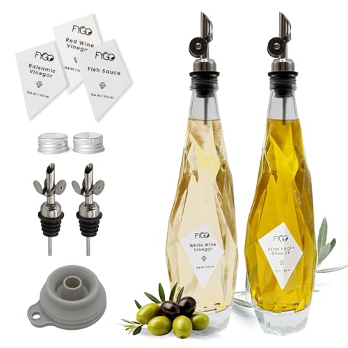 FYGO Diamond Lux Olive Oil Bottle Dispenser - Olive Oil Container- Oil and Vinegar Dispenser Set with Pourer and Funnel - Glass Dispenser Bottle for Kitchen - 500ml - Set of 2 by FYGO - Used condition - US$22.18