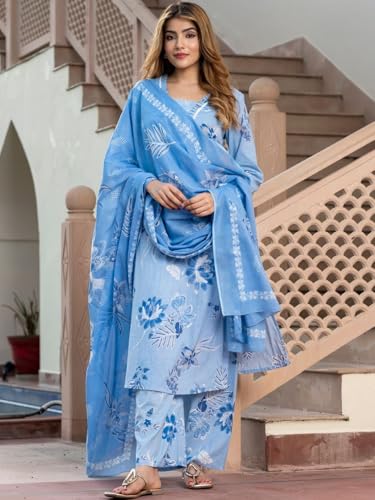 Image of PARTHVI Women's Pure Cotton Printed Straight Kurta With Embroidered Palazzo Pants & Dupatta Set- Ethnic Wear, Blue