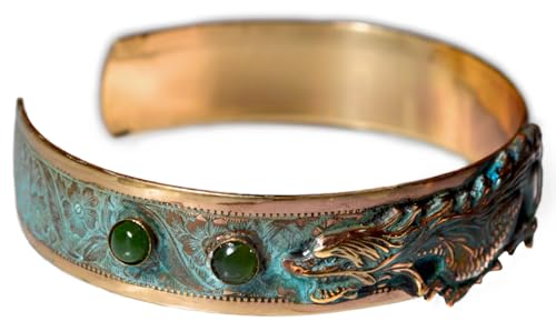 Elaine Coyne Collectible Artwear Verdigris Patina Brass Dragon Narrow Cuff Bracelet - Nephrite Jade2
