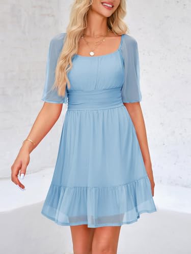 Wenrine Womens Puff Short Sleeve Mini Dress Mesh Square Neck High Waist Ruffle Hem Flowy Party A Line Dress4