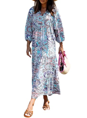 Image of miduo Womens Casual V Neck Half Sleeve Bohemian Geometric Maxi Long Dresses | Loose Fit Beach Summer V Neck Half Sleeve Bohemian Maxi Long Dresses Boho Resortwear Holiday