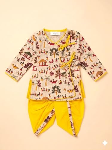 Image of A.T.U.N. (ALL THINGS UBER NICE) Baby Boys Warli Print Dhoti Kurta Set | 100% Cotton Ethnic Wear Set with Soft Comfortable Fit | Traditional Festive Outfit for Infants