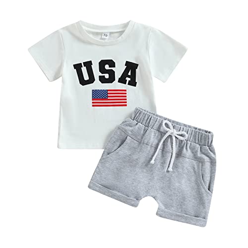 kacubwyy 4th of July Infant Baby Boys Clothes Flag Letter Printed T-Shirt Solid Shorts Summer Independence Day Outfits (White & Gray Suit,6-12 Months)