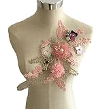 ESH7 3D Beaded Pearl Flower Fabric Lace Applique, Floral Embroidered Patches Wedding Dress Handmade