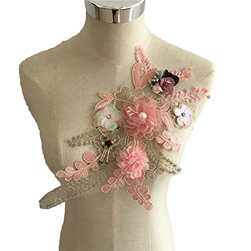 Esh7 3D Beaded Pearl Flower Fabric Lace Applique, Floral Embroidered Patches Wedding Dress Handmade Sewing Tool For Clothes #TOP11