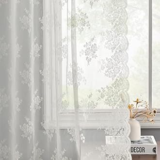 Kotile Lace Curtains 54 Inch Length for Small Window, Embroidery Vintage Floral Sheer Lace Curtains 2 Panels Set, Rod Pocket Privacy Sheer Window Curtain, 52 x 54 Inch, 2 Panels, Ivory