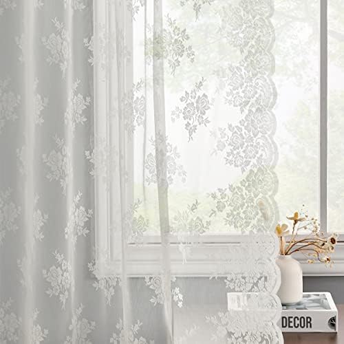 Kotile Lace Curtains 54 Inch Length for Small Window, Embroidery Vintage Floral Sheer Lace Curtains 2 Panels Set, Rod Pocket Privacy Sheer Window Curtain, 52 x 54 Inch, 2 Panels, Ivory