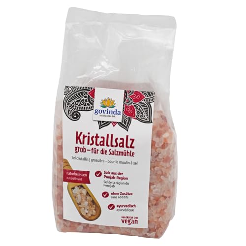 Govinda Kristallsalz - grob (1kg) | 250 Millionen Jahre alt | Salz aus der Punjab-Region | 100% naturbelassen & ohne Zusätze | Ayurvedisch | Vegan | Ideal für die Salzmühle