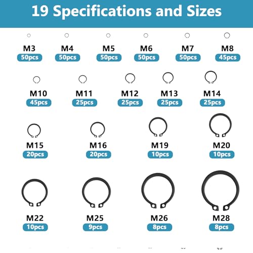 Sprengring Set, 535 STK Sicherungsringe Set, Intern Außen E-Clips Sprengringe Sortiment Set, Spannring Sicherungsscheiben Schwarz, C-Clips Sicherungsring Unterlegscheiben für Wellen, 19 Größen