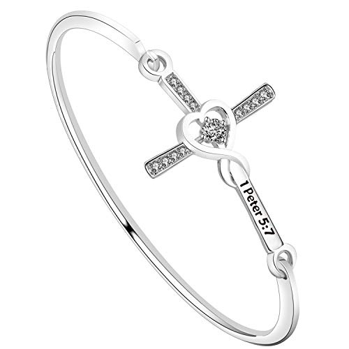 Bekech Christian Cross Charm Bracelet Bible Verse 1 Peter 5:7 Inspirational Scripture Sideway Cross Bangle Religious Jewelry Faith Gift For Women Girls (Silver) #TOP12