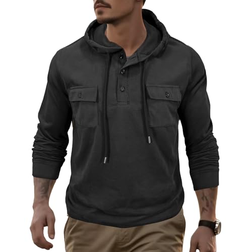 Mens Thin Hoodies Sweatshirt Button Up Drawstring Pullover Hooded Lightweight Long Sleeve Casual Tops with Pocket
