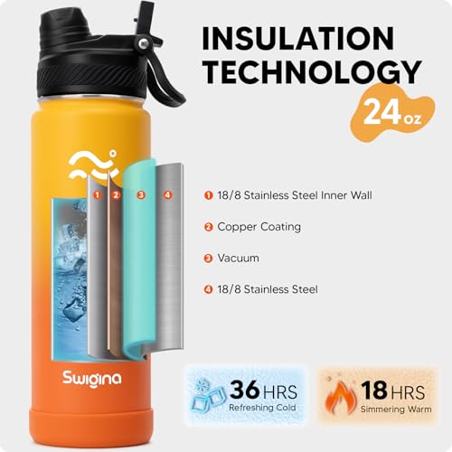 Image of Swigina [2-IN-1 LID] Insulated Water Bottle with Silicone Boot (36hrs Cold /18hrs Hot) - DIY Stickers, Leakproof, BPA Free, 24 oz