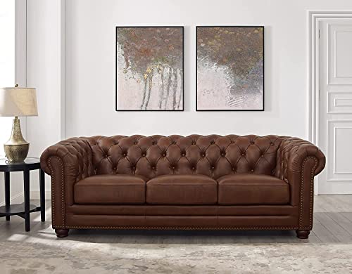 Image of Dime Store Wooden Chesterfield Sofa 3 Seater with Button Tufted Design Solid Wood Frame Upholstered Couch with Rolled Arms | Luxury Living Room Sofa for Home, Office, Lounge & Reception (Brown)