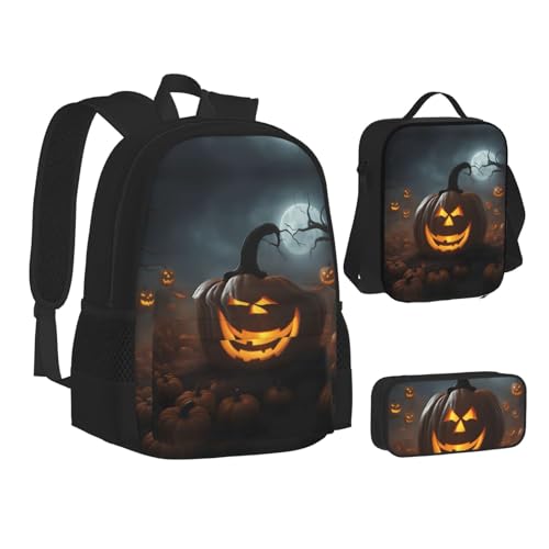Halloween Ghost Pumpkin Print 3 Piece Set Backpack, Lunch Bag, Pencil Case, Cute Sturdy For College And Travel2