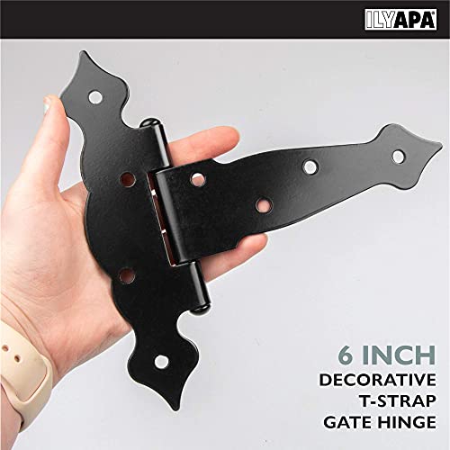 Ilyapa Metal Gate Hinges, 6 Pack - Heavy Duty 6 Inch Decorative Outdoor T Strap Hinges For Barn Door, Shed Or Wooden Fences #TOP1