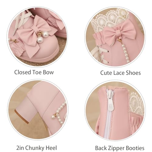 LUXMAX Women Cute Lolita Boots Chunky Mid Heel Ankle Boots with Bow Platform Lace Up Booties with Pearl3