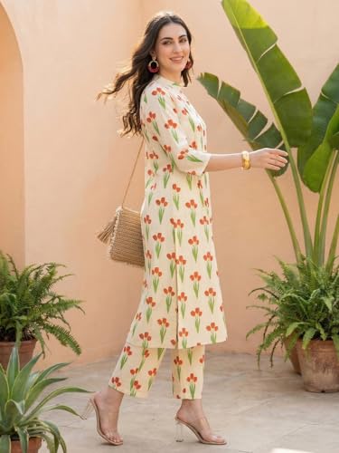 Image of INDO ERA Women Cotton White Printed Straight Kurta Pant Set