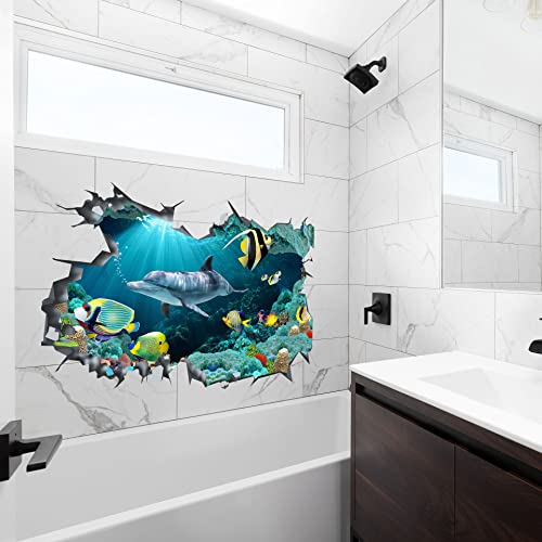Hk Studio 3D Floor Decals Of Dolphin Ocean Decor - Easy Peel And Stick, Super Vivid Color, Waterproof - Ocean Bathroom Decor - 3D Floor Murals For School, Classroom Decor #TOP5
