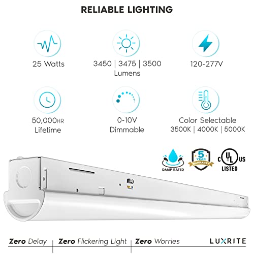 Luxrite 3Ft Slim Led Shop Light, 25W, 3450 Lumens, Linear Strip Light Fixture, 3 Color Selectable 3500K-5000K, 0-10V Dimmable, Damp Rated, Flush Mount Ceiling Light, Ul Listed - Garage, Workshop #TOP6