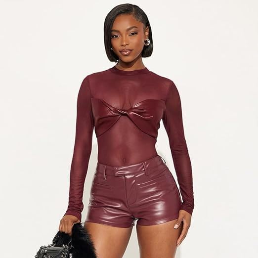 Sexy Bodysuit For Women Mesh See Through Long Sleeve Twist Leather Bra Bodysuit One Piece Going Out Fall Clothes - Image 5