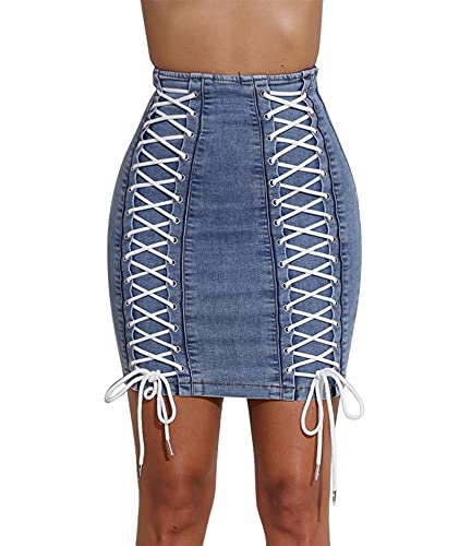 SEMATOMALA Women's String Criss Cross Lace Up Denim Jeans Skirt Bodycon High Waist Stretchy Back Zipper Pencil Clubwear3