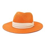Womens Mens Wide Brim Straw Panama Hat Fedora Summer Beach Sun Hats UPF50+ Orange