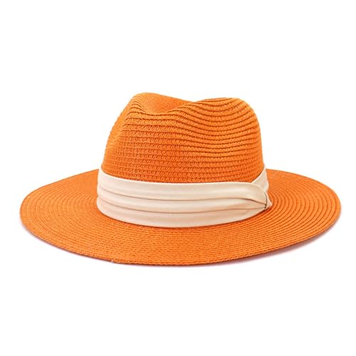 Womens Mens Wide Brim Straw Panama Hat Fedora Summer Beach Sun Hats UPF50+ Orange