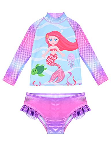 Image of Hilor Girl's Two Piece Swimsuits Long Sleeves Rashguard UPF 50+ Tankini Set Bathing Suits