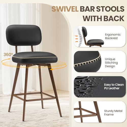 Image of MALOL 26 inch PU Leather Swivel Bar Stools Set of 3, Mid Century Counter Height Bar Chairs with Low Back and Metal Legs, Modern Bar Stool Chair for Kitchen Island, Black