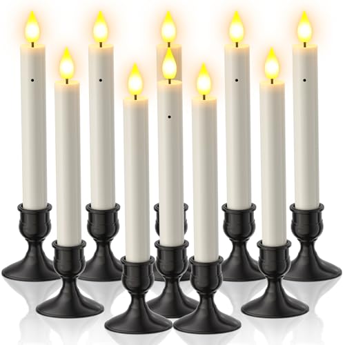Yme LED Taper Candles with Dusk to Dawn Sensor, 10 Pack Battery Operated Flameless Tapered Candles with Flickering Flame Effect & Sturdy Holders for Home Window Halloween Christmas Decor