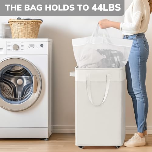 Image of Goodpick Laundry Hamper with Wheels, 75L College Dorm Room Essentials, Clothes Hamper with Removable Wash Bag for Bedroom, Large Laundry Basket with Handle, White