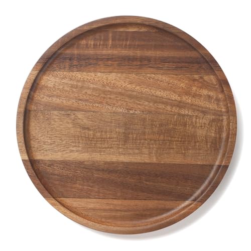Round Wood Tray, Acacia Wooden Decorative Serving Tray for Coffee Table and Home Decor, Wooden Appetizer Charcuterie Board for Kitchen Countertop (20 x 20 x 2 cm)