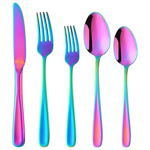 Baikai Silverware Flatware Set, 20 Pieces Fine Dinner Cultery Sets, Mirror Polished Stainless Steel Kitchen Utensils Service for 4 (Rainbow) Cover