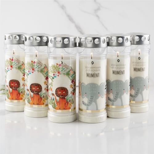 Hofer Lot de 6 bougies funéraires - Durée de combustion de 7 jours - L'original [Kinder Select] résistantes à la pluie - Avec couvercle - Bougie funéraire avec motif et inscription - Bougies pour