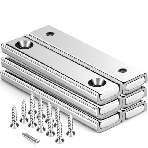 Image of TRYMAG Bar Magnets, 80Lbs 6 Pack Countersunk Hole Magnet with Screw | Silver,Heavy Duty Rare Earth ,Neodymium,Rectangular,for Mounting, Door, Garage, Workplace(60 x 13.5 x 5mm )