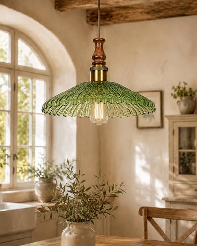 Image of Homesake Botanica Pendant Lamp | Petal Scalloped Glass Hanging Light with Solid Wood Top | Vintage European Ceiling Fixture, Pendant Light for Home Decor, Hallway, Kitchen & Balcony, (Ripple, Green)