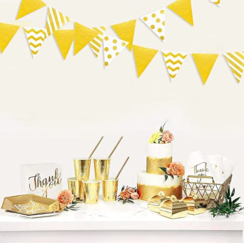 Image of 39Ft White and Gold Party Decorations Polka Dot Stripe Triangle Pennant Banner Glitter Foil Paper Flag Bunting Garland for Birthday Graduation Anniversary Wedding Bridal Baby Shower Hen Party Supplies