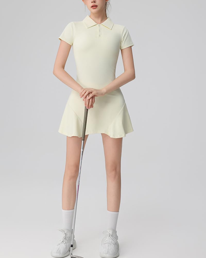 GUOCU Donna Abito Sportivo da Tennis a Maniche Corte vestibilità Slim Tinta Unita Miniabito da Golf Fluido con Pantaloncini Separati per Allenamento, Yoga, Corsa e Palestra