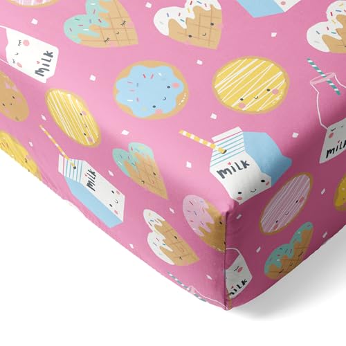 Image of Little Sleepies Crib Sheet for Toddler Bed, Pink Cookies & Milk | 52x28x10 viscose from bamboo crib sheet for boys & girls, hypoallergenic, sensory friendly, elastic band, fits standard cribs