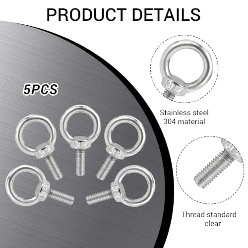 Miniatura 3 de Paquete 5 Pernos Ojo M5 X 40 Mm, Pernos Ojo Elevación Acero Inoxidable 304 Para Muebles Bricolaje, Columpios Y Uso Exteriores