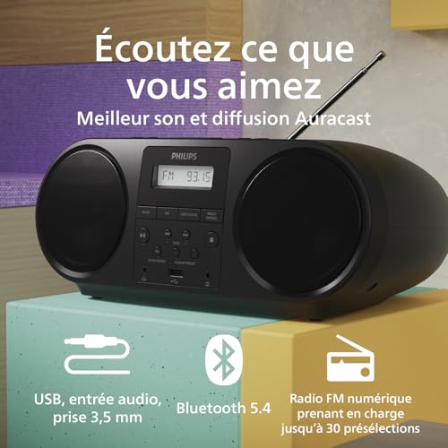 Philips TAZ5000 Lecteur de CD/Radio FM Tout-en-Un, Bluetooth 5.4, USB, Batterie/Alimentation CA, Amplification Dynamique des Basses (Dynamic Bass), matériaux recyclés et Prise Casque 3,5 mm