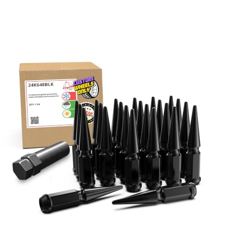 Image of Wheel Accessories Parts 24 Pcs + 1 Key M14x1.50 14x1.50 Thread Spike Hex 4.40 inch Long Lug Nuts Black 3 /4 inch 19mm Hex Fits Chevy Silverado GMC Sierra Ford F-150 RAM 1500