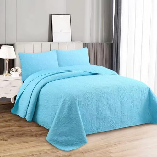 HaraDeco Colcha de Verano con Fundas Almohada para Verano, Termosellado Reversible, Cubrecama Fina, Microfibra Poliéster (Azul Cielo, Cama 135)