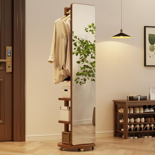 Image of WoodsWhisper Full Length Mirror Coat Rack Solid Wood Floor Mirror 66 inchx12 inch Full Length Mirror with Stand Long Mirrors for Bedroom,Living Room (Walnut-Mobile, 66 inch Lx12 W)
