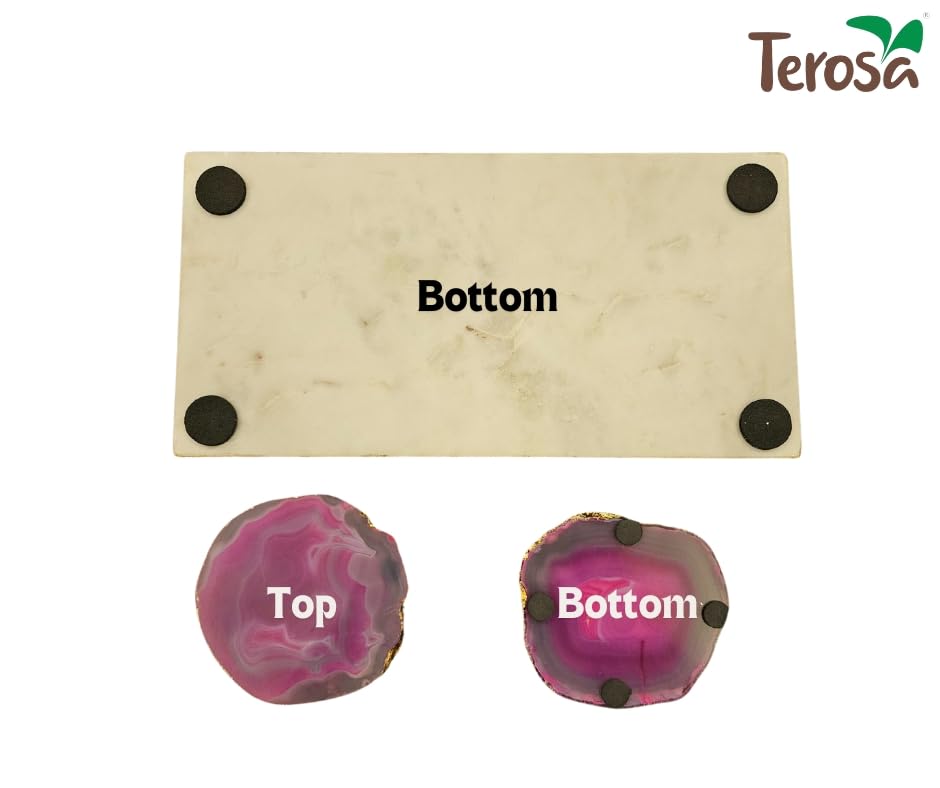 Terosa Luxe White Marble Platter Tray with two Pink Agate Coasters | Pink Trove | Standard 11.5x6in Tray & 3.5 to 4.5in Coasters 1