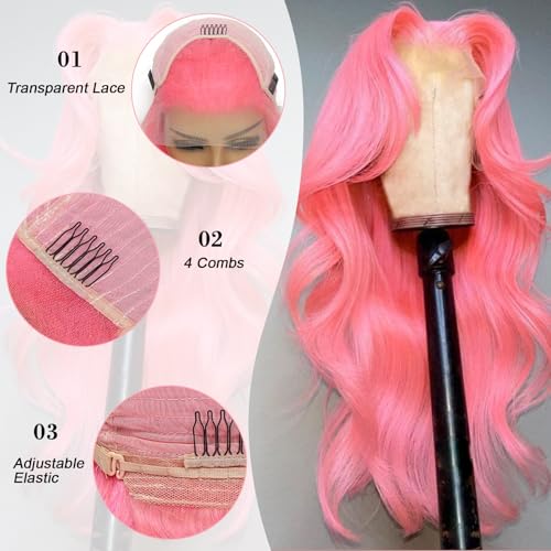 Pink Lace Front Wig Human Hair 13x4 Body Wave 200 Density HD Lace Front Wigs Human Hair Pre Plucked with Baby Hair Pink Colored Lace Frontal Glueless Wigs for Women 20 Inch
