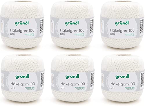 Hilo de ganchillo Gründl 100 monocromo (juego de ganchillo, hilo de algodón mercerizado para ganchillo, 100% algodón, 100 g / 566 m, tamaño de aguja: 1,5-2, 6 × 100 g), creme