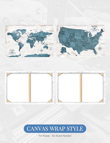 Image of IPIC Vintage Teal World Maps for Wall, World Map Canvas, Size 36x24 in