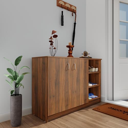 Image of VIKI | Shoe Rack with Doors and Open Shelves, Shoe Storage,Shoe Cabinet for Hallway, Organizer Unit for Entryway, Width 120cms, Brussel Walnut Colour | 1 Year Warranty