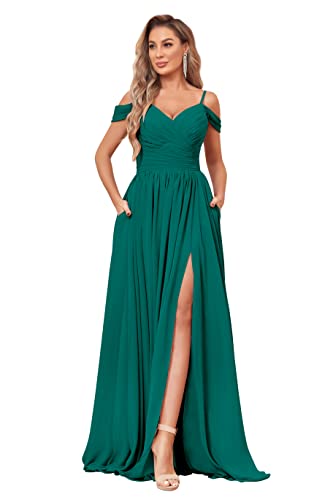 Image of BOLENSYE Off the Shoulder Bridesmaid Dresses with Pockets Ruched Chiffon Long Slit Formal Evening Gown